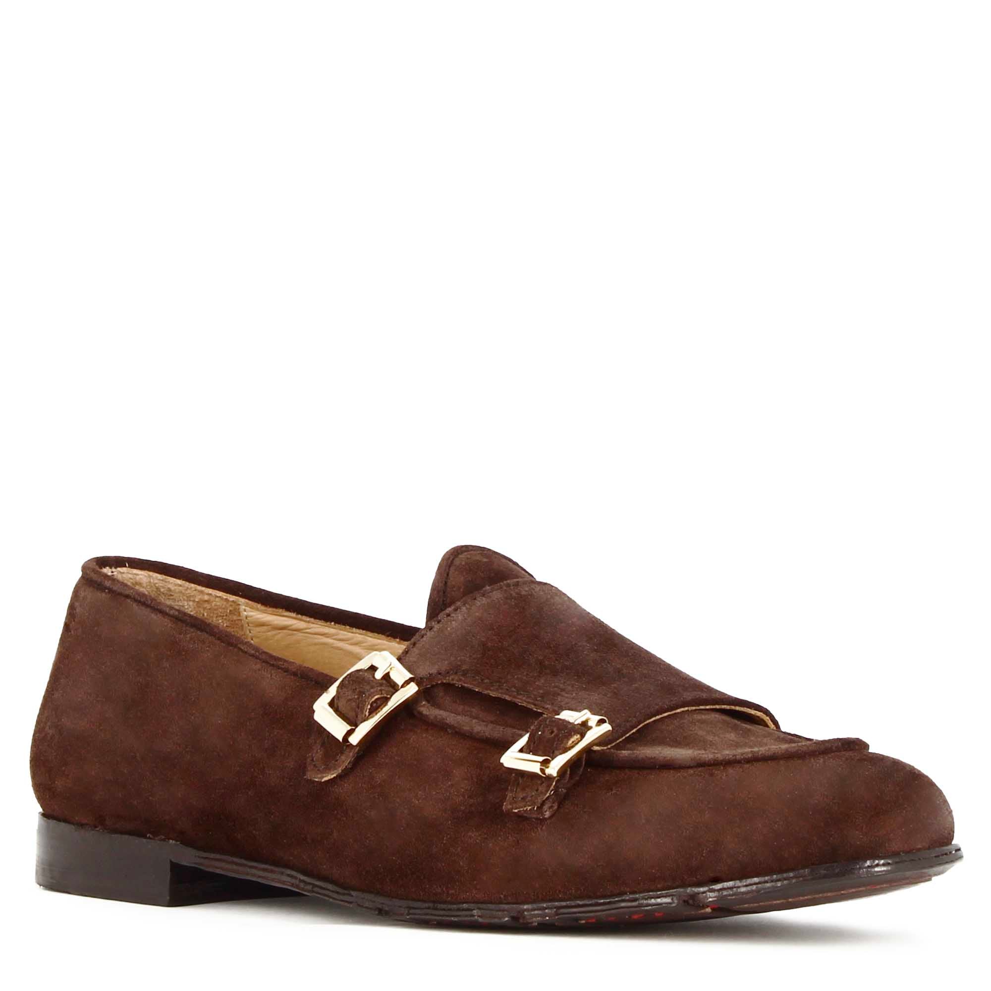 Men's moccasin in dark brown suede with double buckle