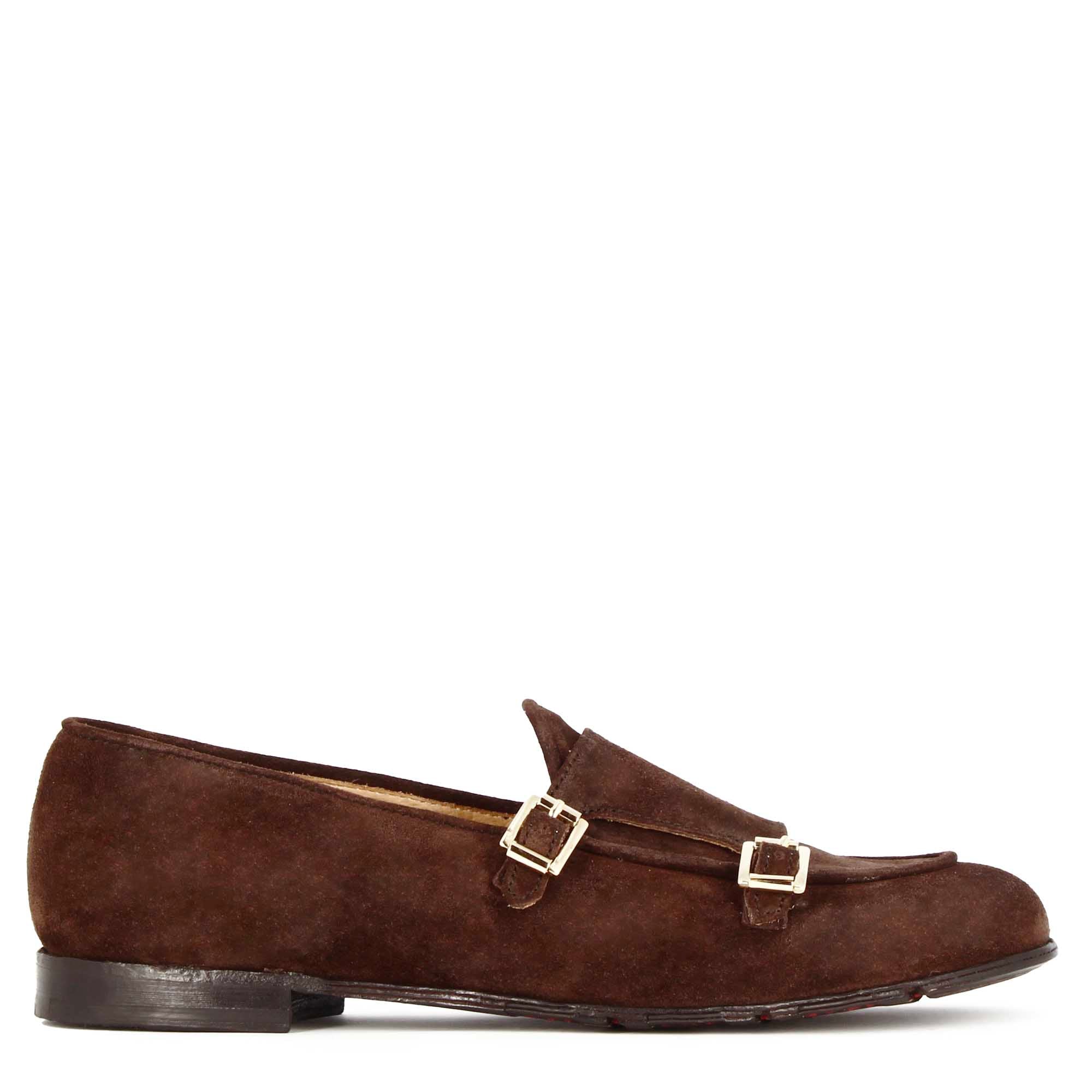 Men's moccasin in dark brown suede with double buckle