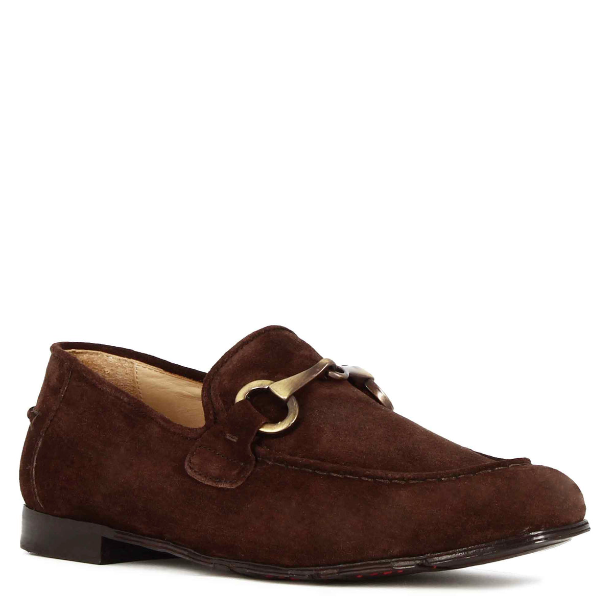 Men's moccasin in dark brown suede with gold-coloured clamp