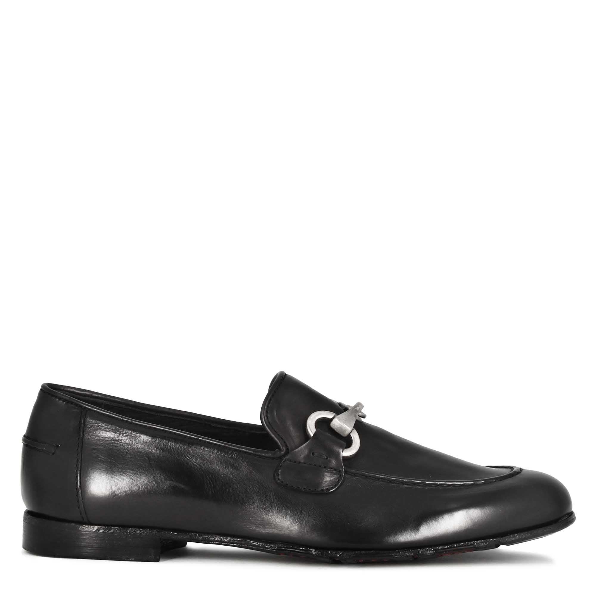 Men's black leather moccasin with horsebit
