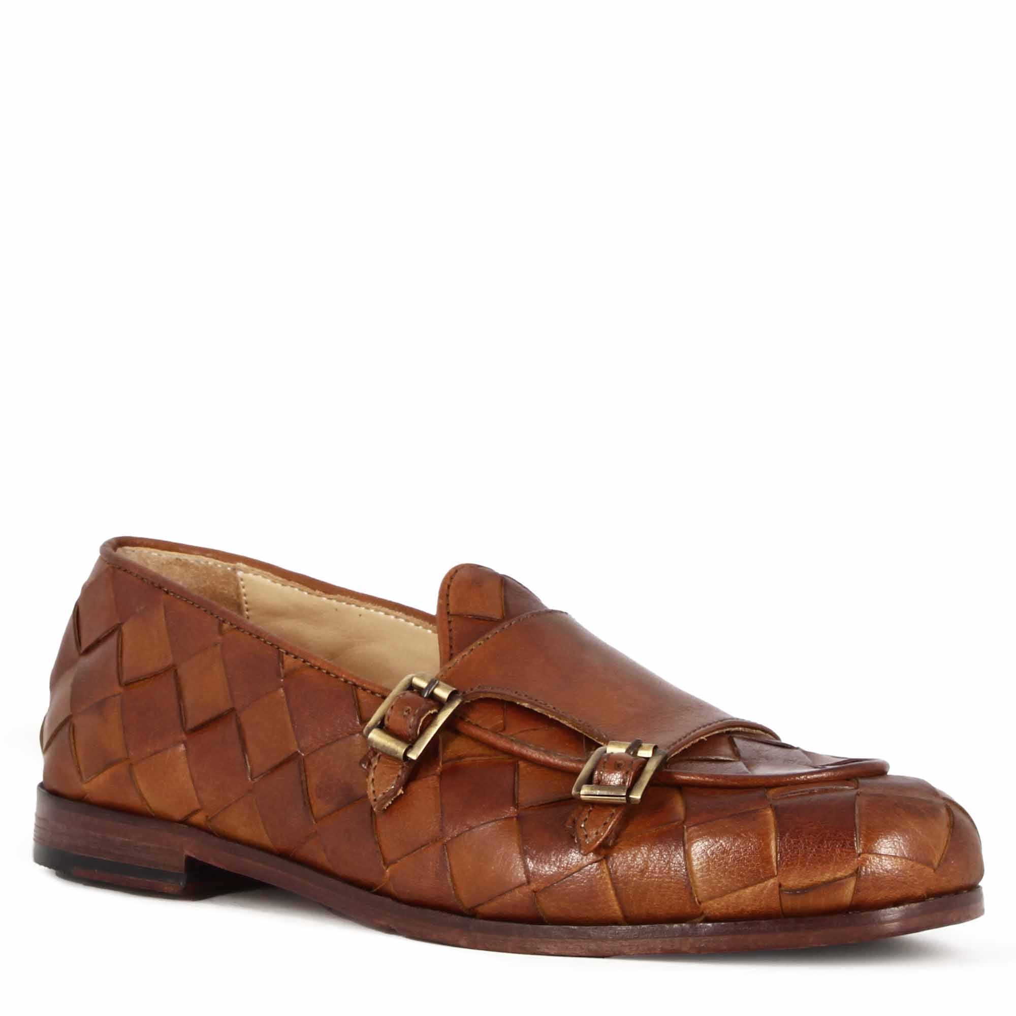 Mocassino marrone con dobbia fibbia dorata da uomo in pelle intrecciata - LeonardoShoes