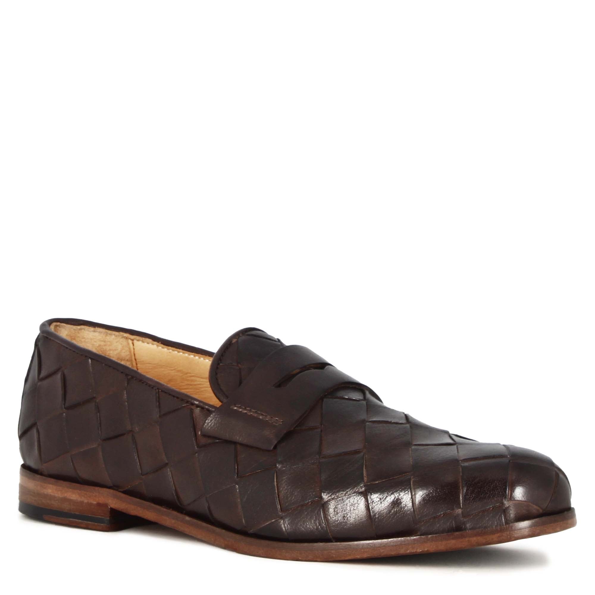 Mocassino marrone scuro vintage elegante da uomo in pelle intrecciata - LeonardoShoes