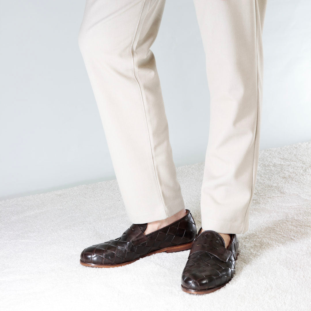 Mocassino marrone scuro vintage elegante da uomo in pelle intrecciata - LeonardoShoes
