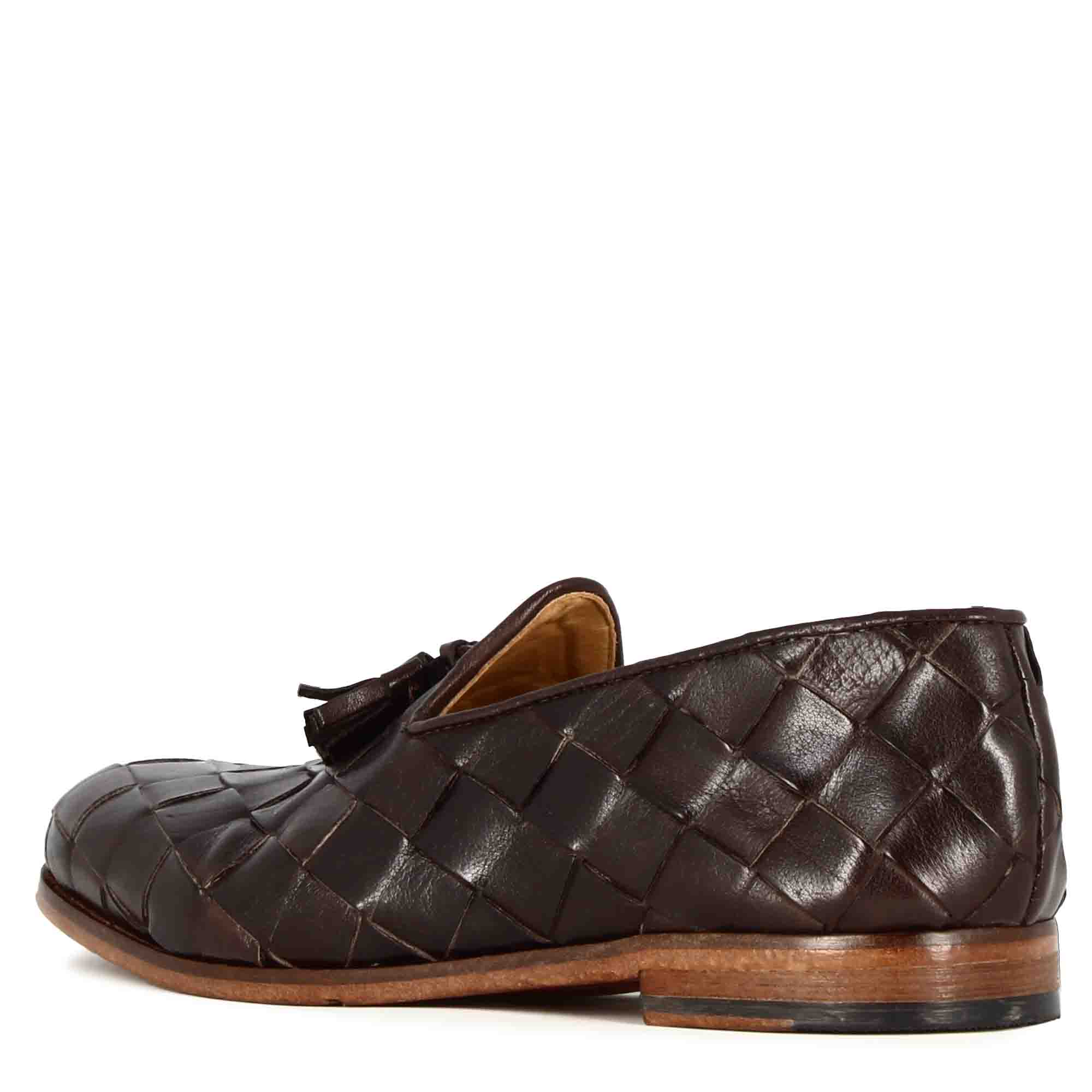 Mocassins homme à pompons en cuir tressé marron foncé