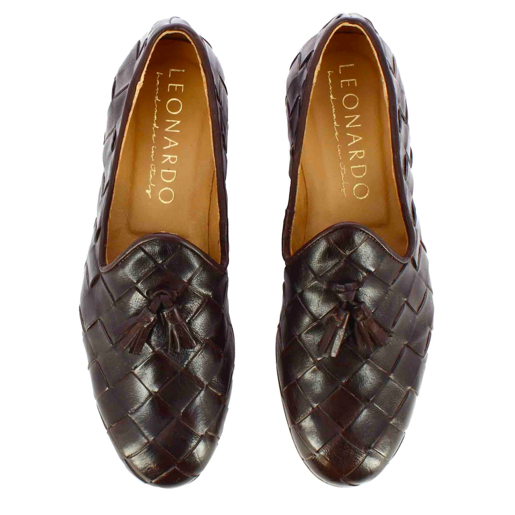 Men's loafers with tassels in dark brown woven leather