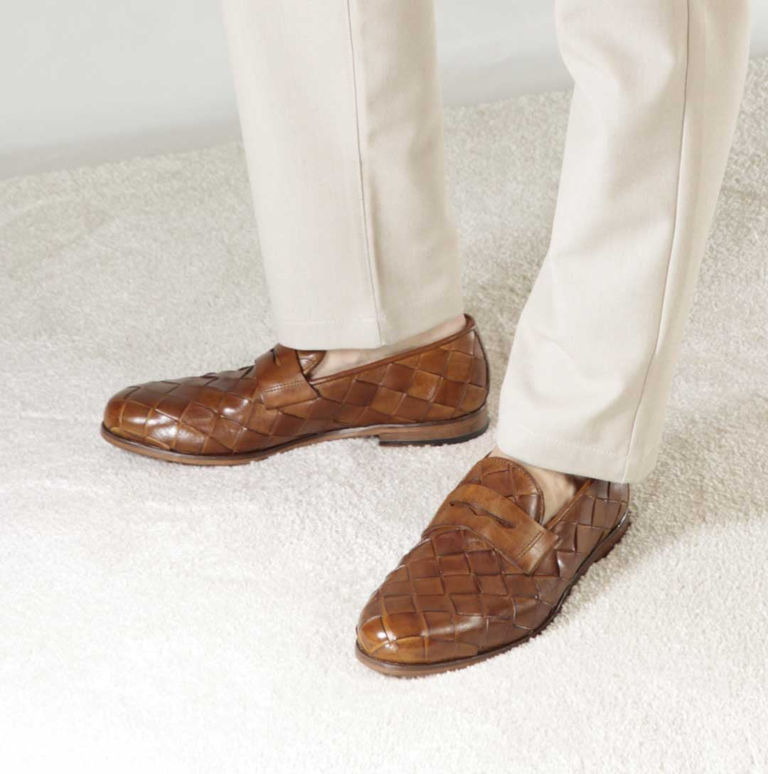 Mocassino marrone vintage elegante da uomo in pelle intrecciata - LeonardoShoes