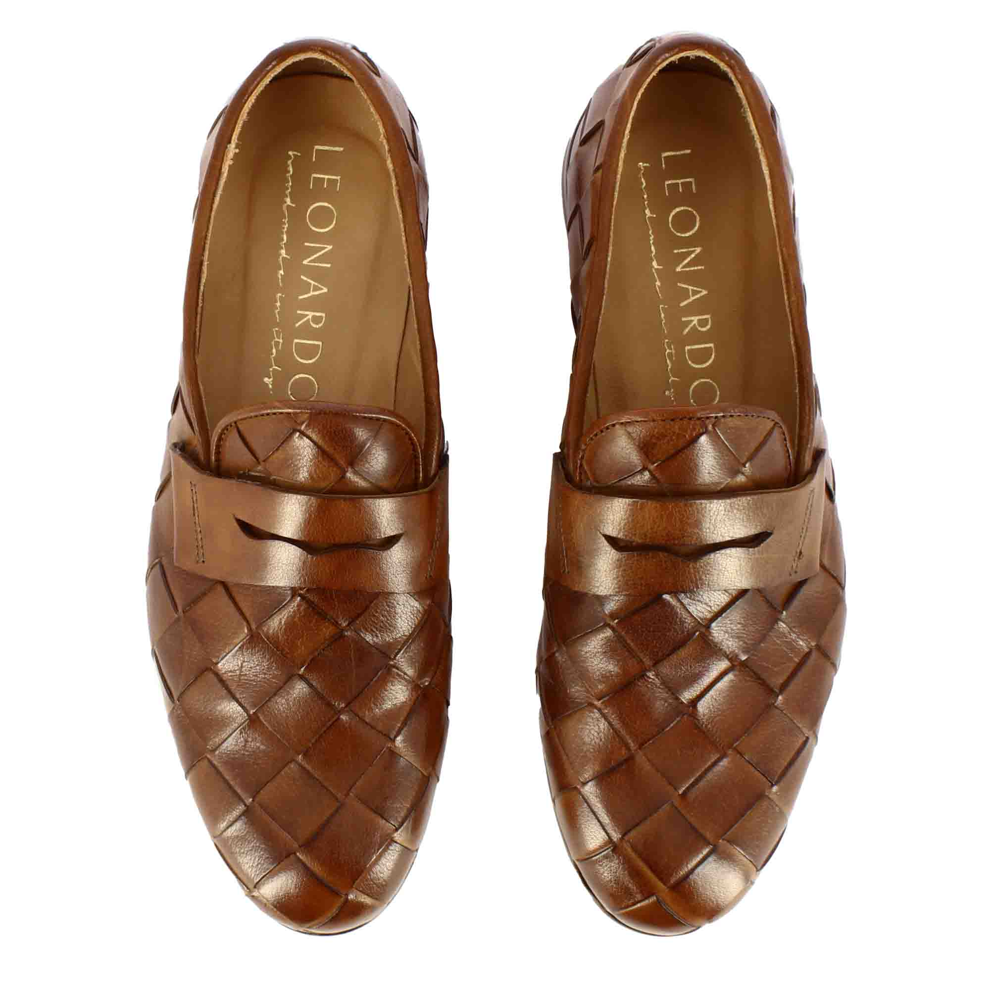 Elegant vintage brown men's loafer in woven leather