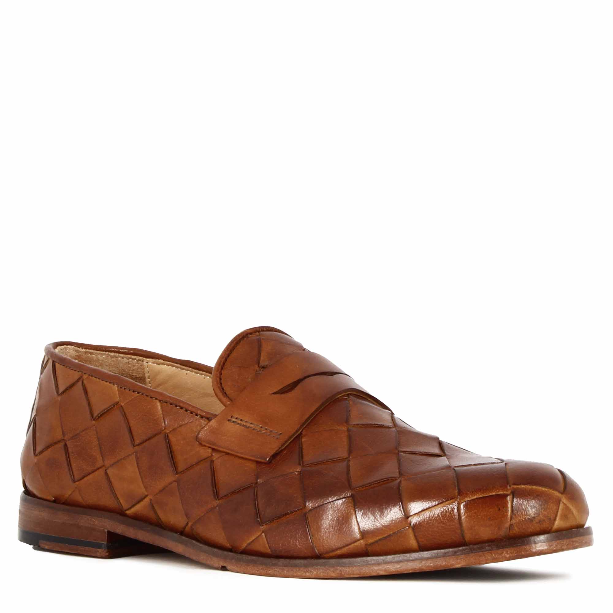Mocassino marrone vintage elegante da uomo in pelle intrecciata - LeonardoShoes