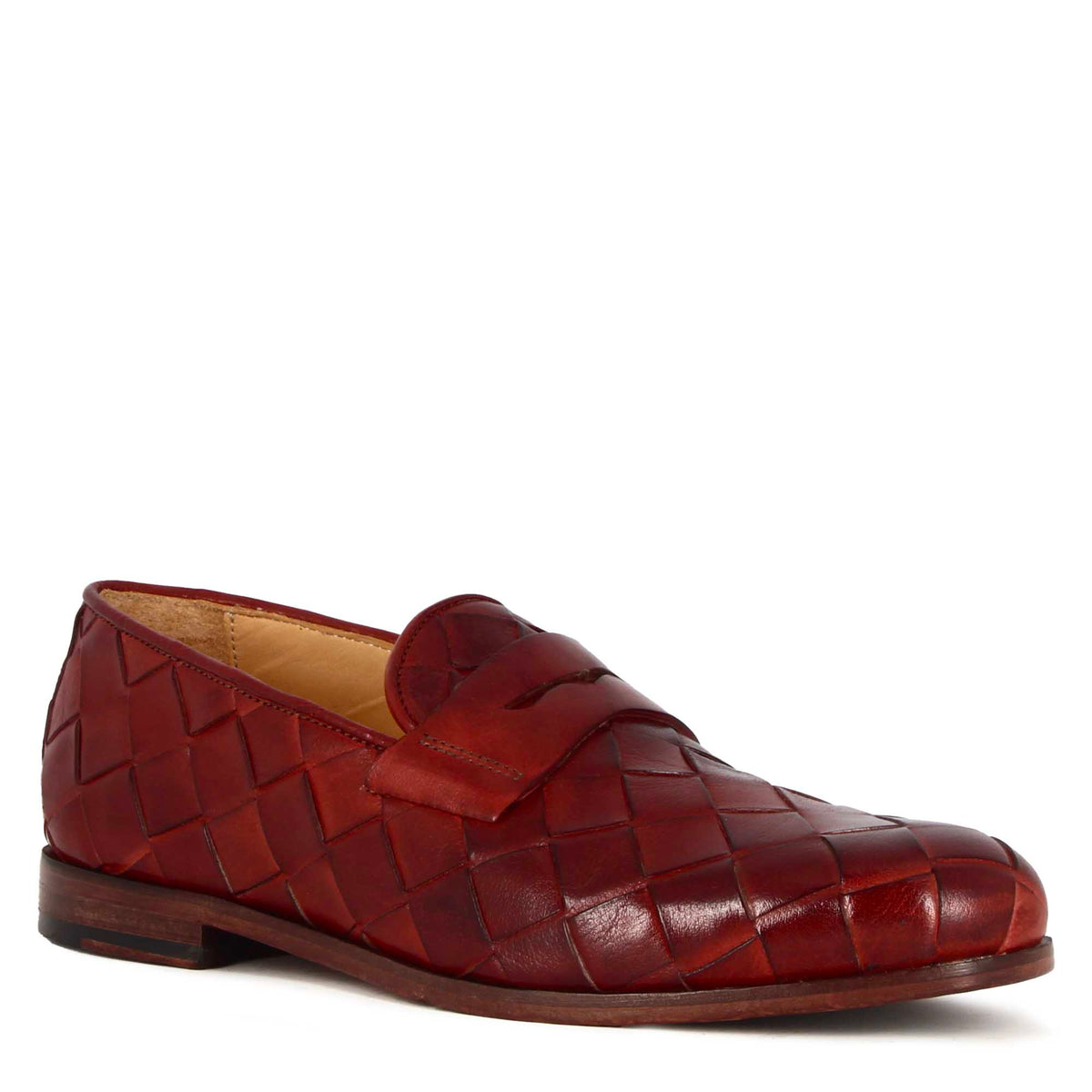 Handmade red woven leather men's moccasin