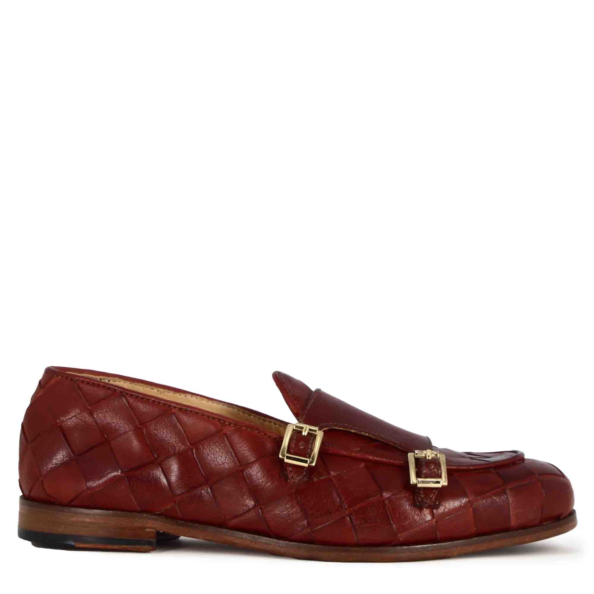 Mocassin pour homme en cuir tressé avec double boucle en rouge