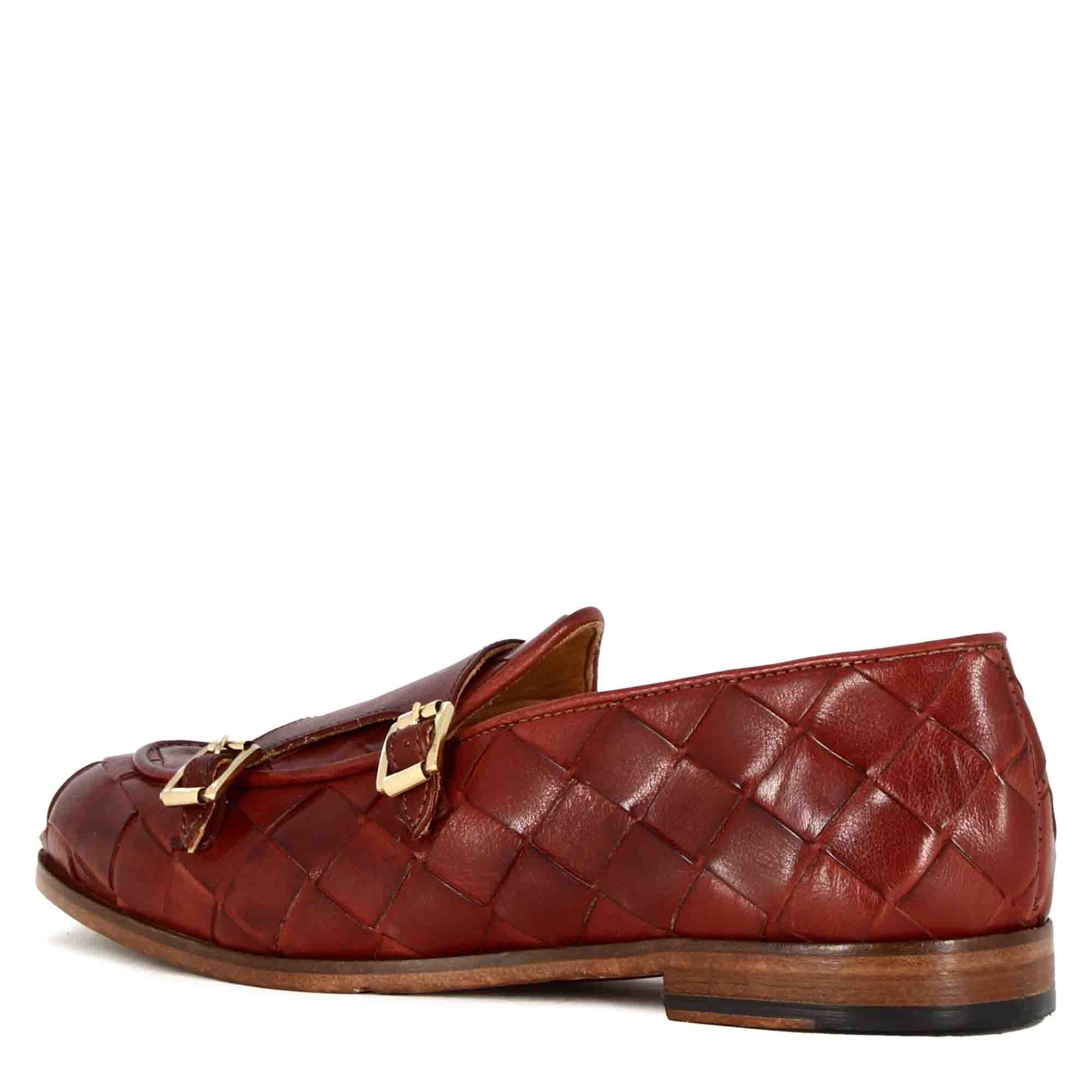 Mocassin pour homme en cuir tressé avec double boucle en rouge