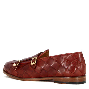 Men's moccasin in woven leather with double buckle in red