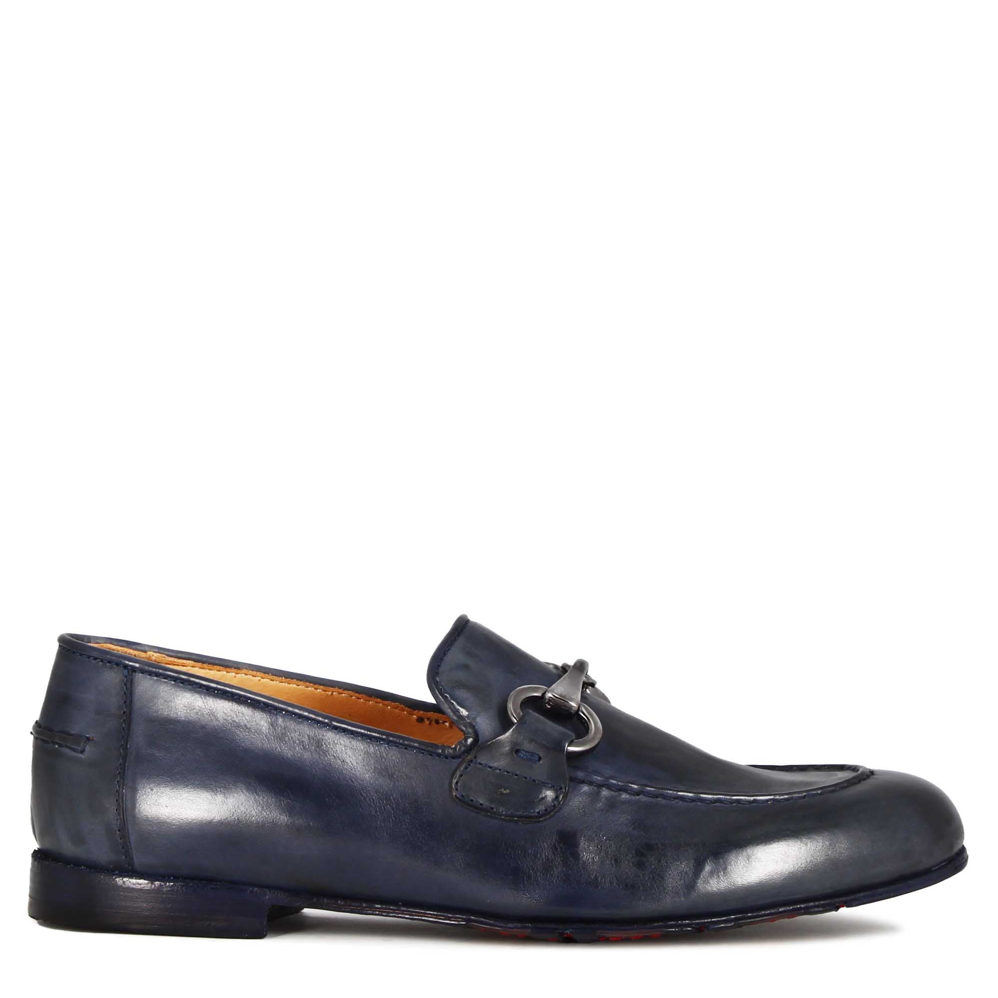 Mocassin homme en cuir lisse bleu avec mors