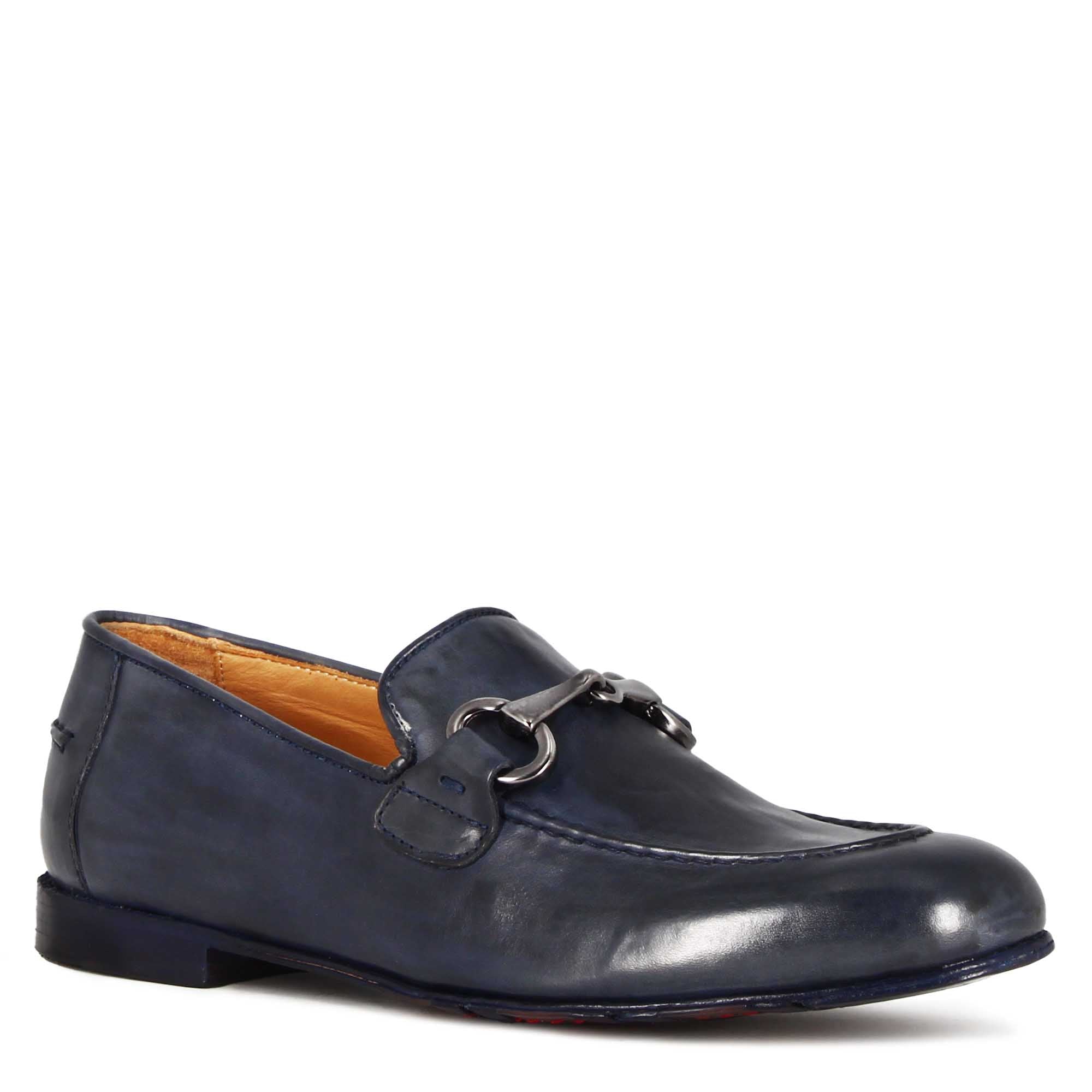 Mocassin homme en cuir lisse bleu avec mors