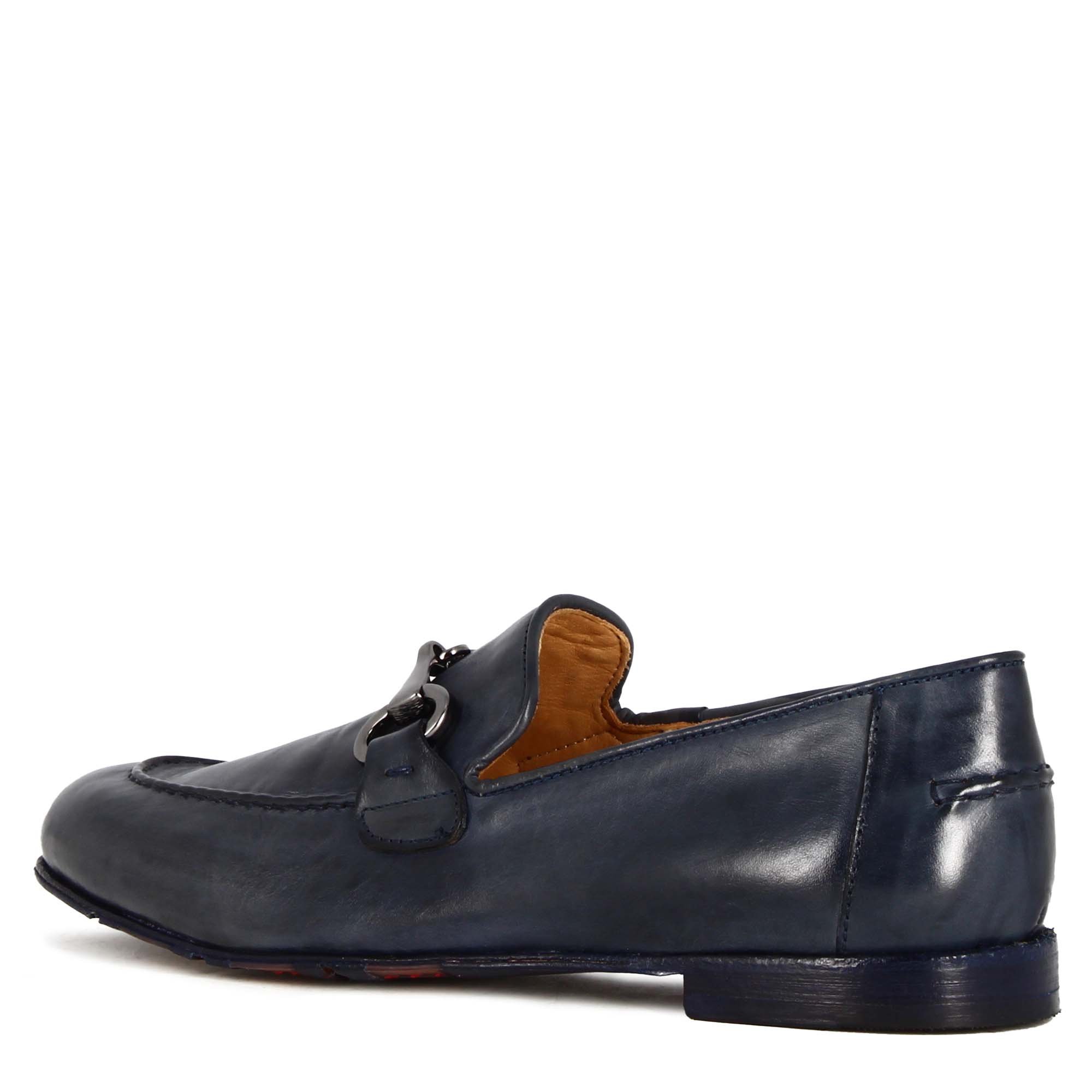 Mocassin homme en cuir lisse bleu avec mors