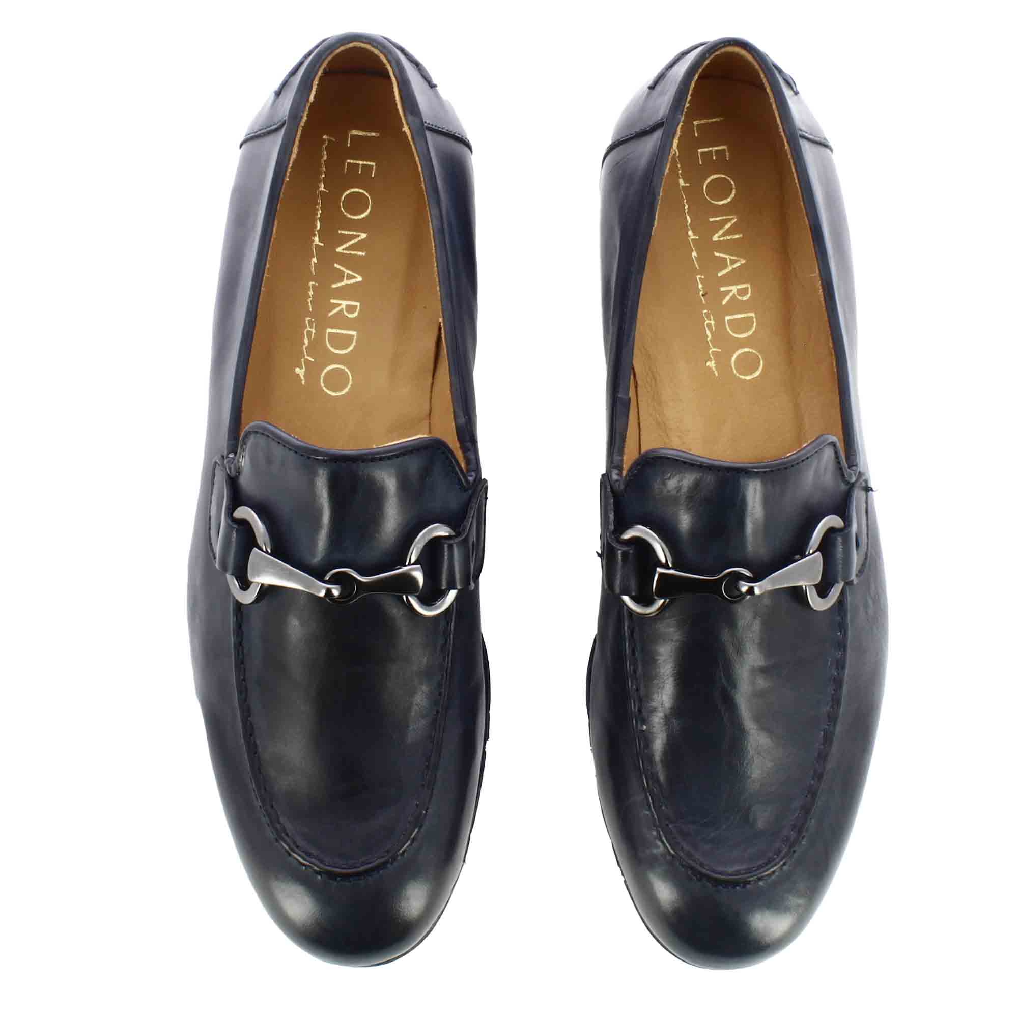 Mocassin homme en cuir lisse bleu avec mors