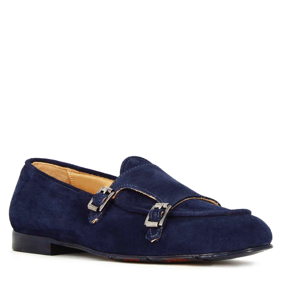 Men's moccasin in blue suede with double buckle