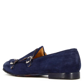 Men's moccasin in blue suede with double buckle