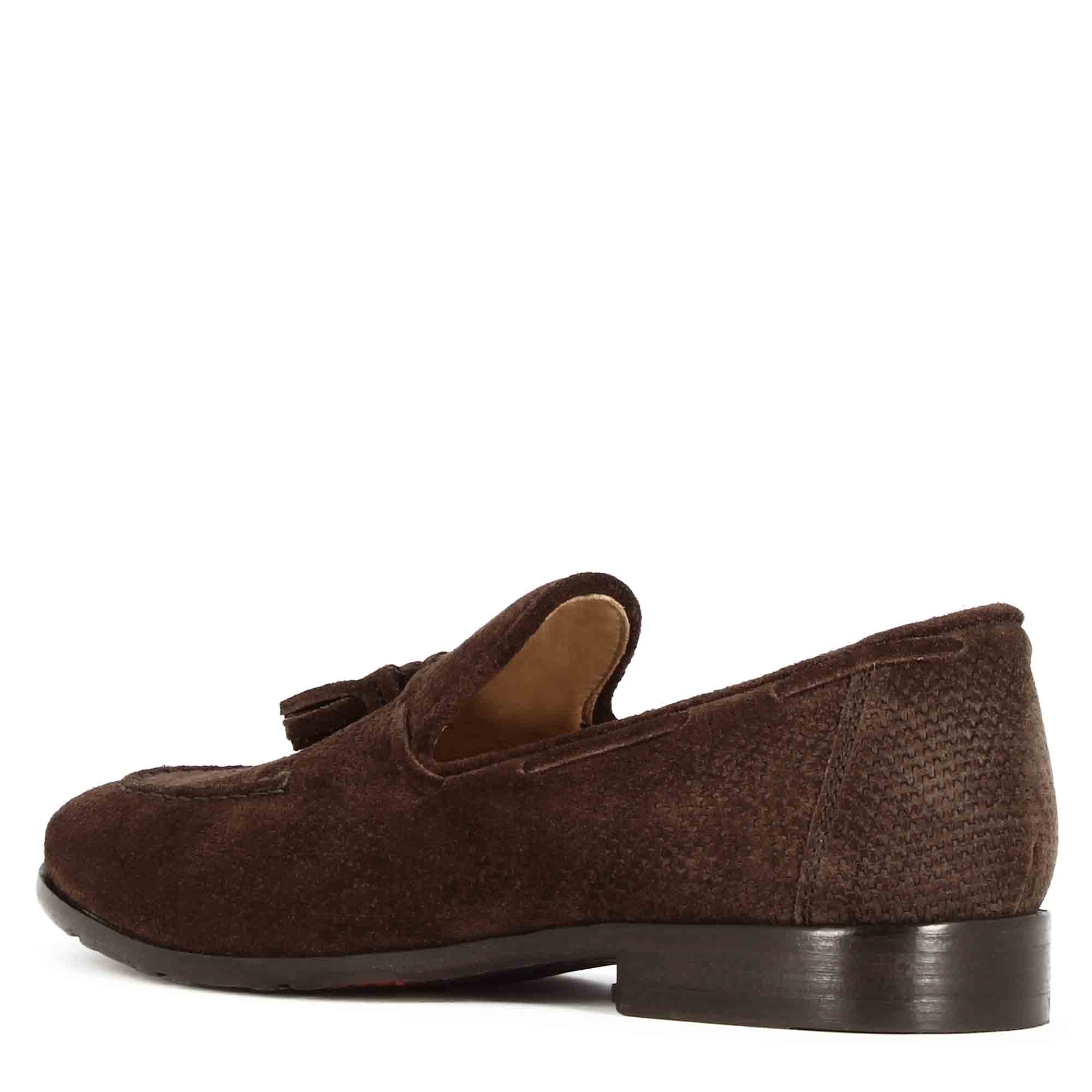 Mocassin en daim fait main avec pompons marron