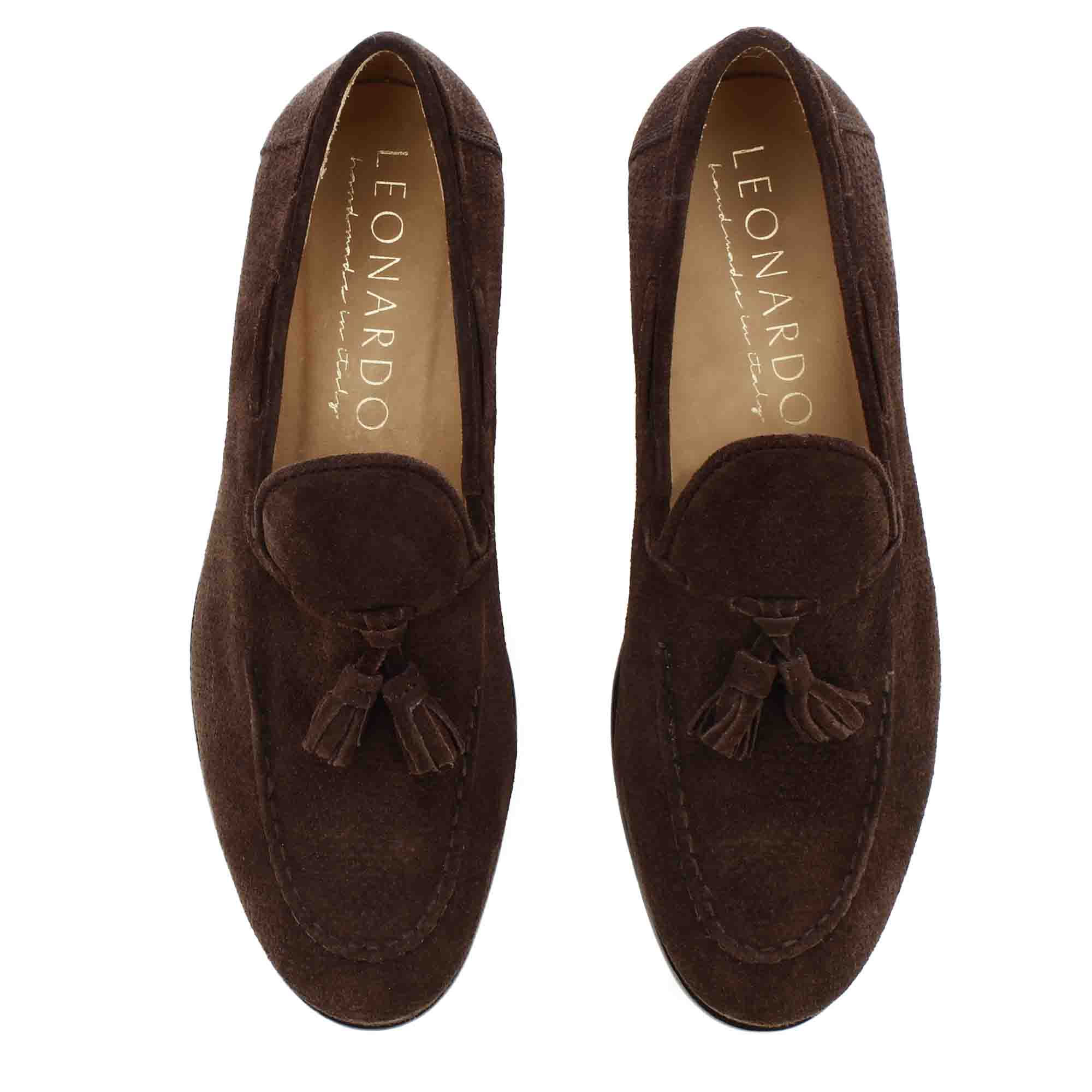 Mocassin en daim fait main avec pompons marron