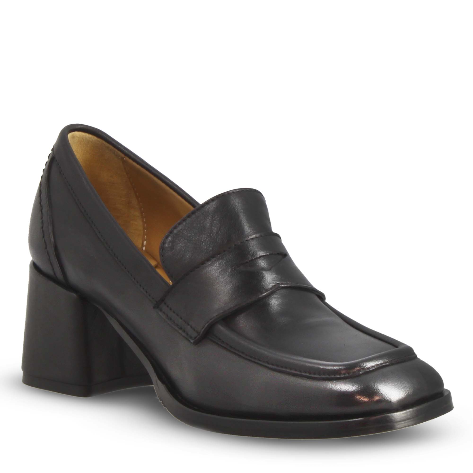 Women's High Heel Moccasin in Black Leather