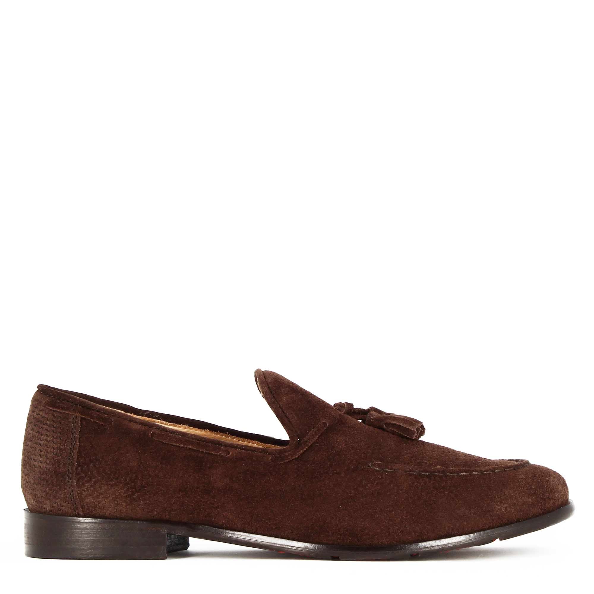 Mocassin en daim fait main avec pompons marron