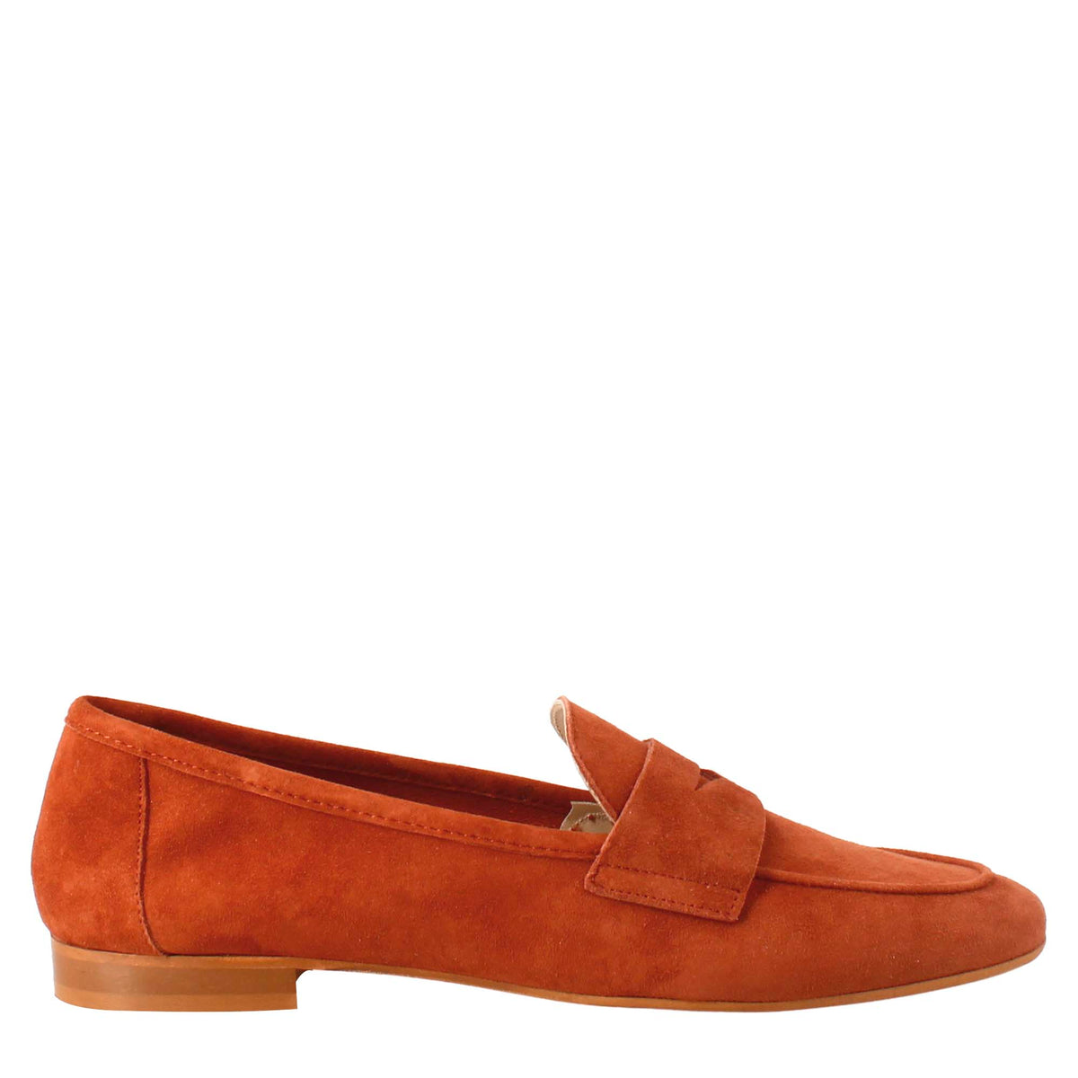 Handmade women's moccasin in tan-colored suede.
