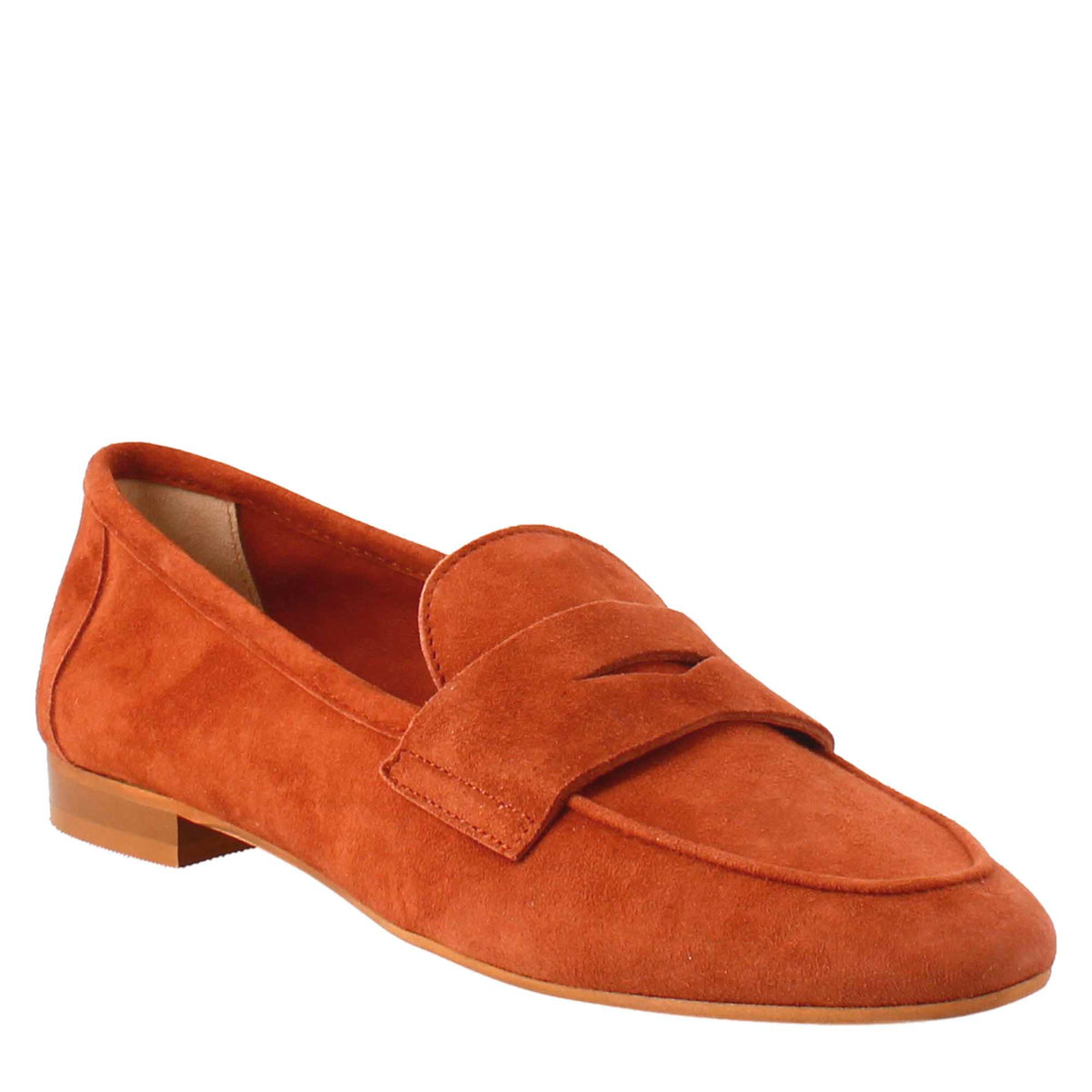 Handmade women's moccasin in tan-colored suede.