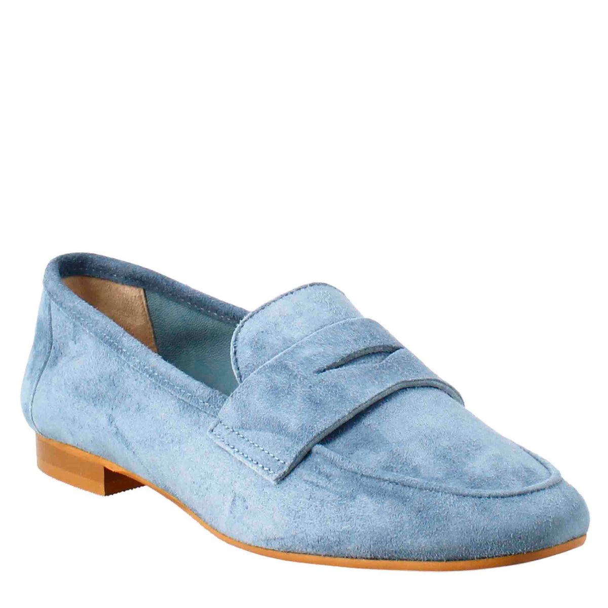 Flexible women's moccasin in light blue suede and rubber sole