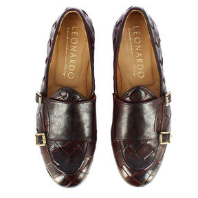 Dark brown moccasin with double golden buckle for men in woven leather