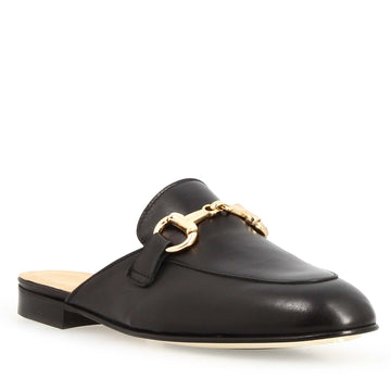 Handmade women's mules shoes with horsebit in Black leather. Handmade women's mules shoes with horsebit in Black leather.