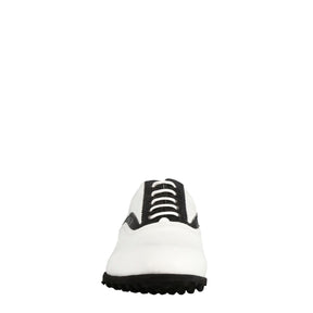 Chaussure de golf pour femme faite à la main en cuir blanc avec détails noirs
