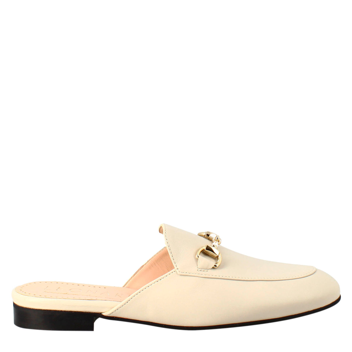 White sabot with golden buckle and real leather sole