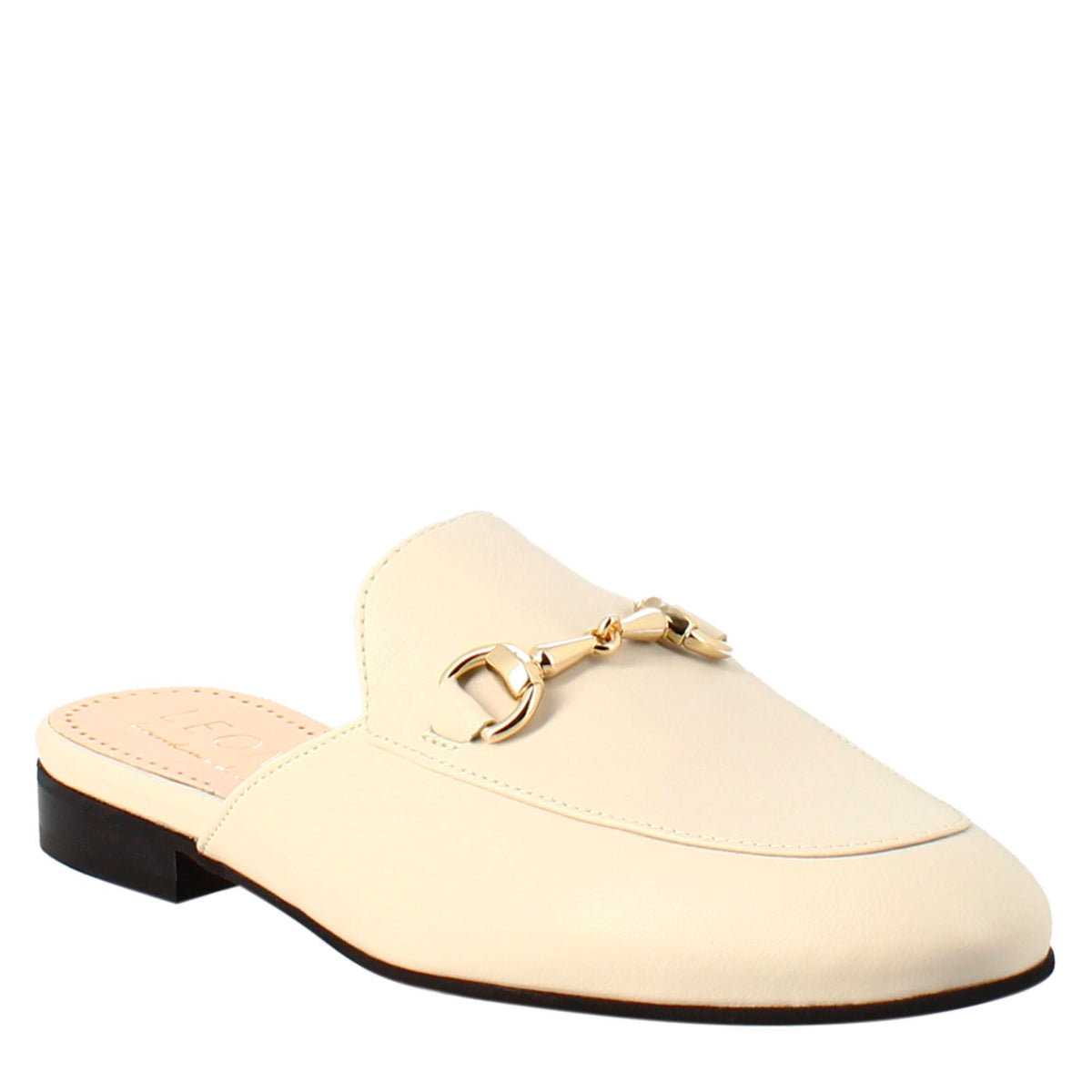 White sabot with golden buckle and real leather sole