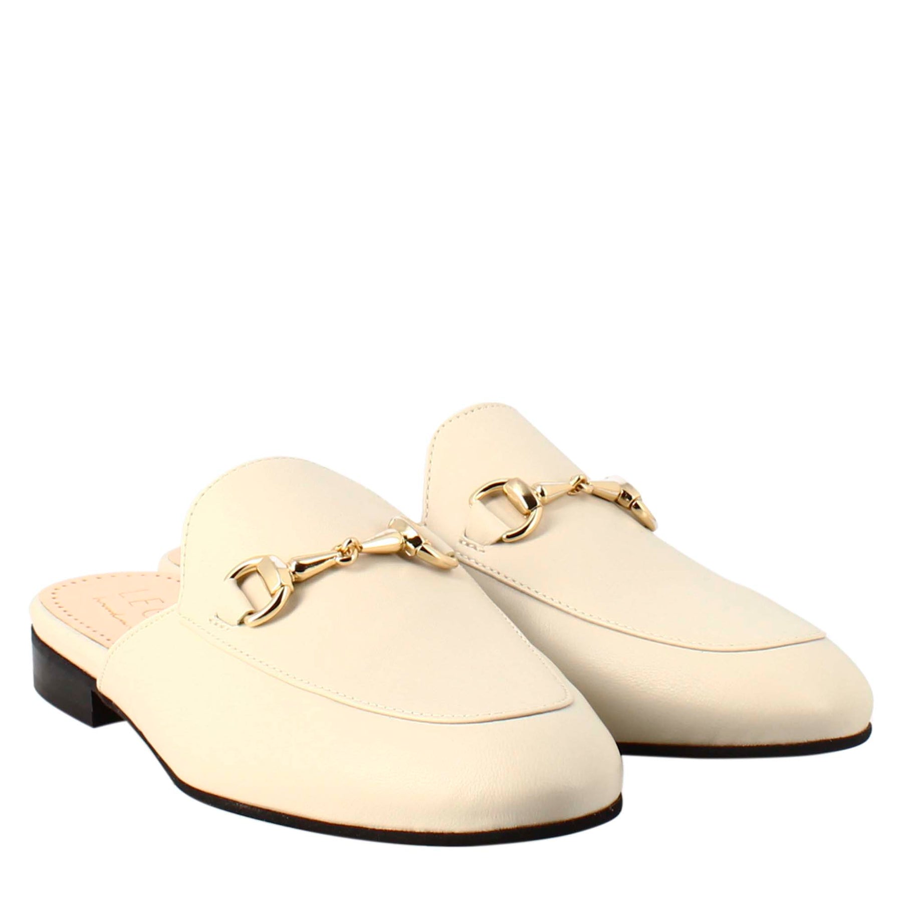 White sabot with golden buckle and real leather sole
