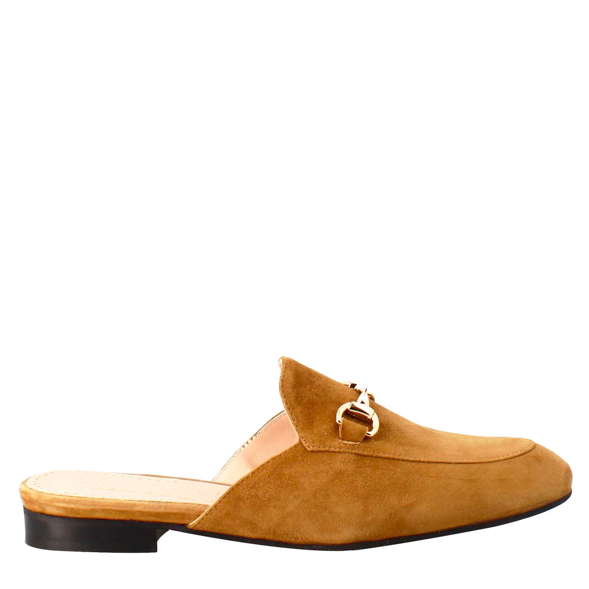 Women's mules in light brown suede with gold buckle