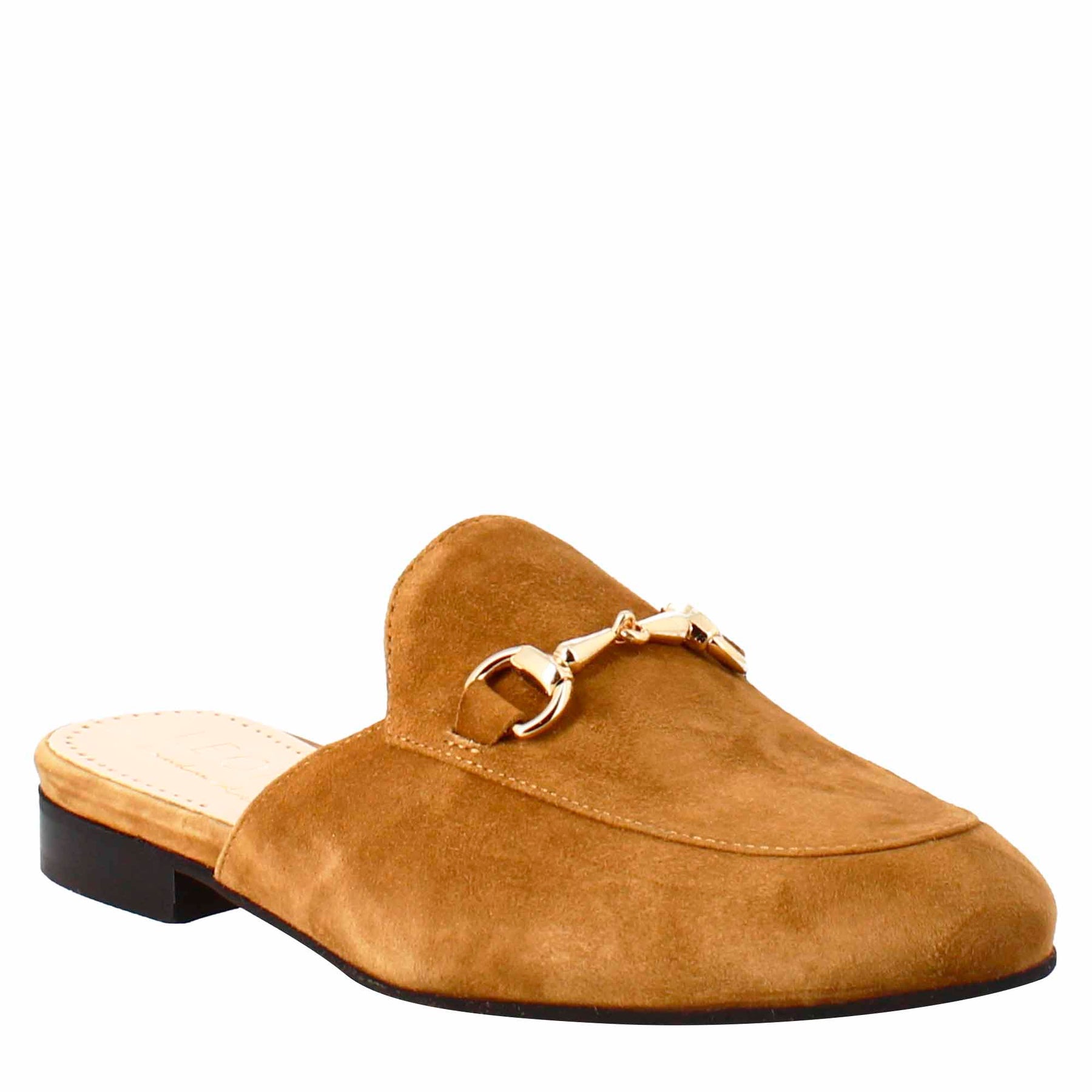 Women's mules in light brown suede with gold buckle