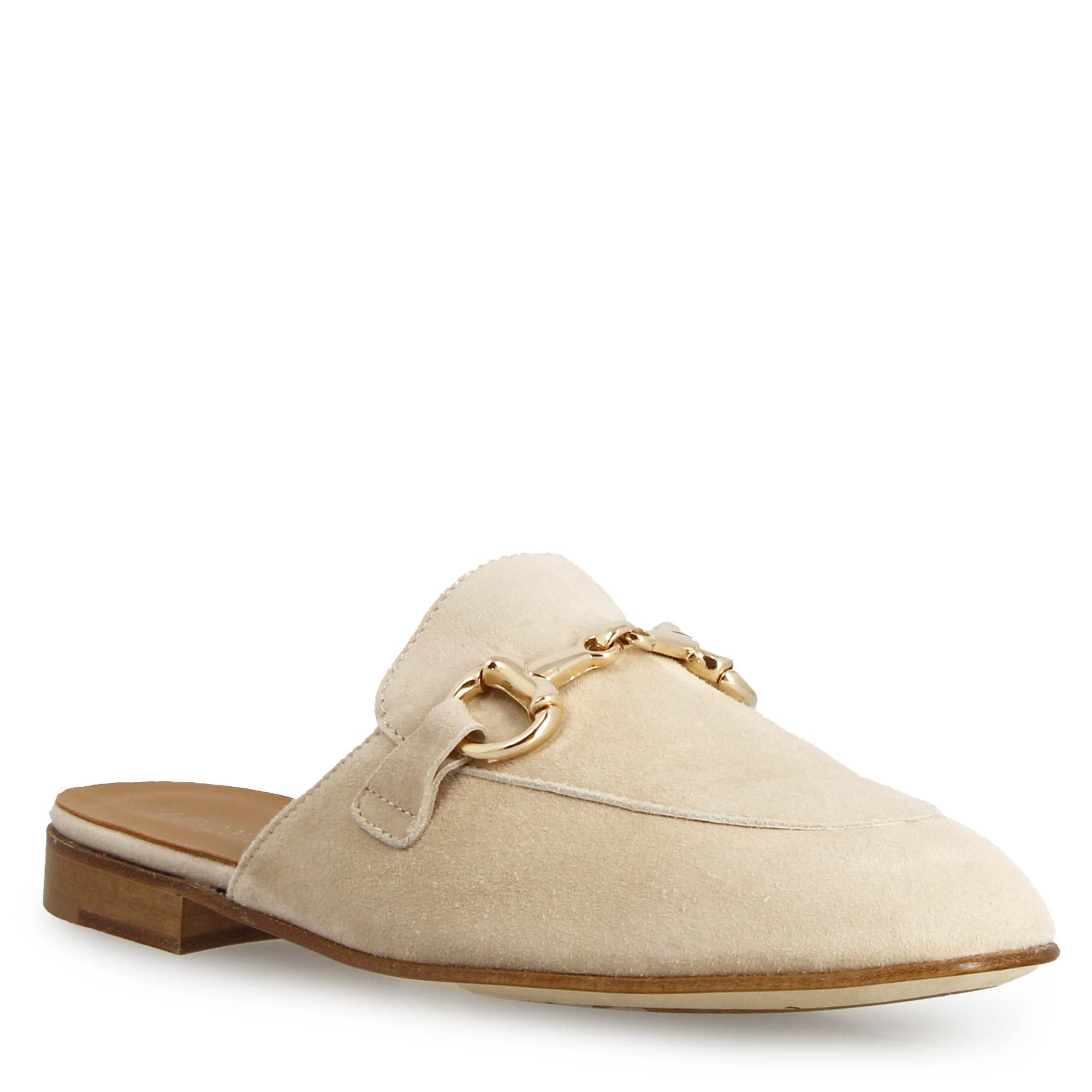 Sabot da donna in pelle scamosciata beige con fibbia oro