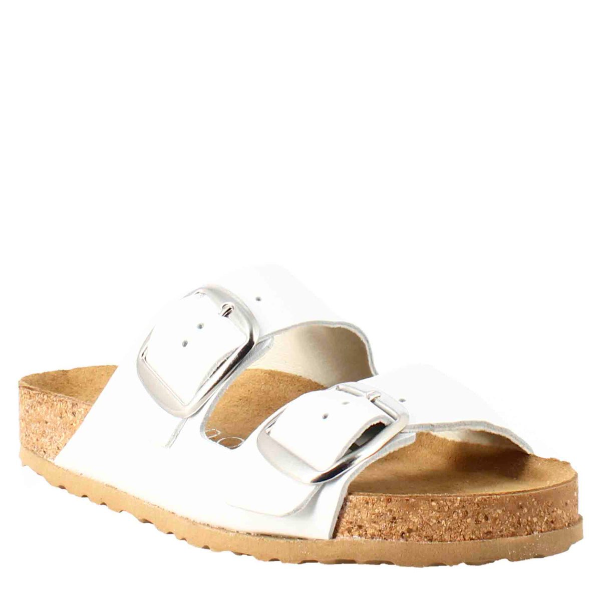 Women's double buckle sandals in white leather