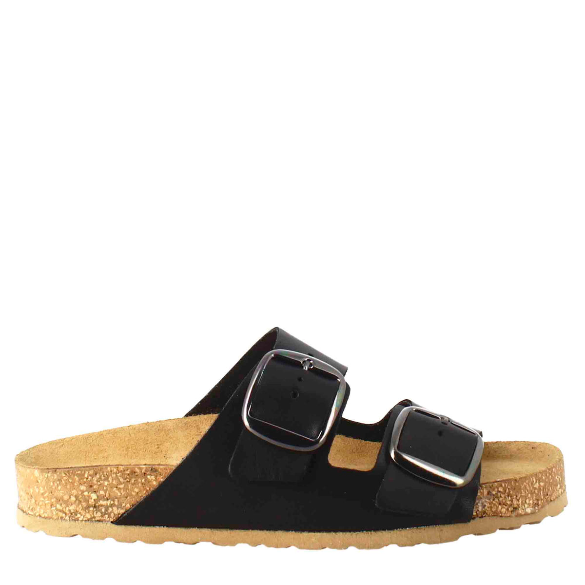 Women's double buckle sandals in black leather