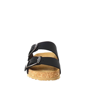 Damen-Sandalen mit doppelter Schnalle aus schwarzem Leder