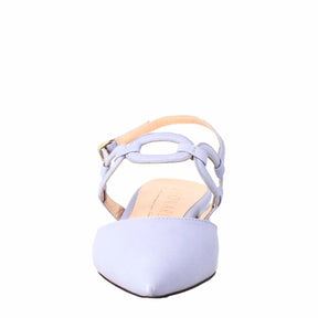 Woman's pointed toe medium heel closed sandal in wisteria-colored plissè leather