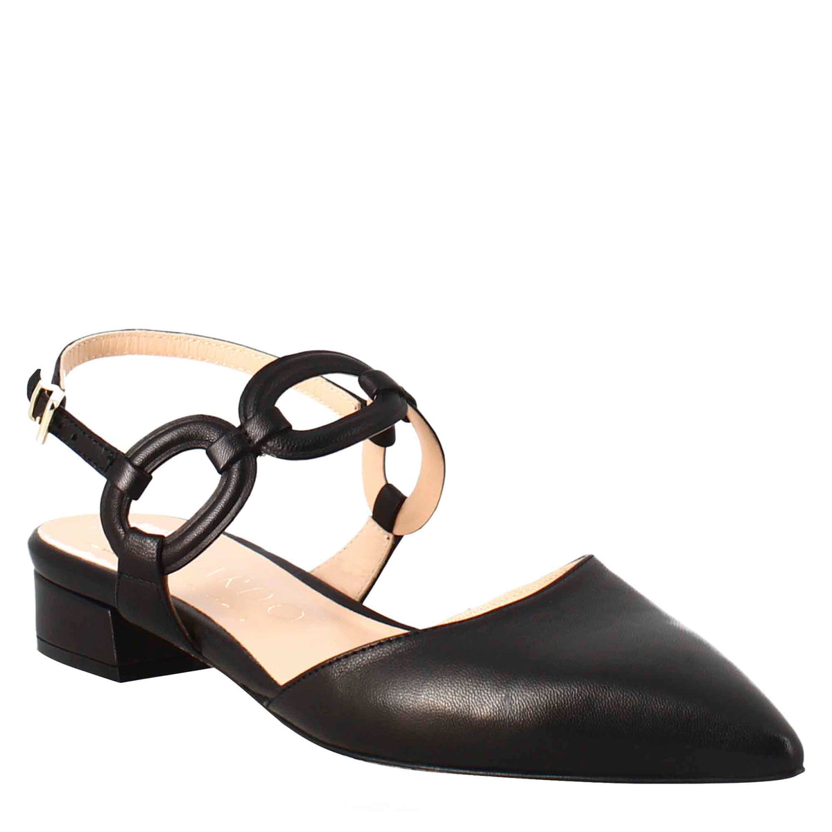 Woman's pointed toe medium heel closed sandal in black leather