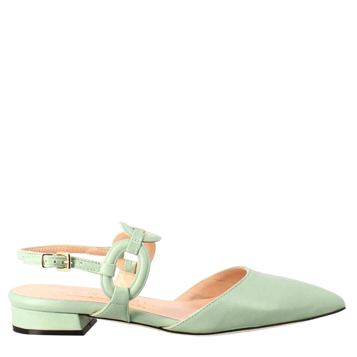 Woman's pointed toe medium heel closed sandal in green leather