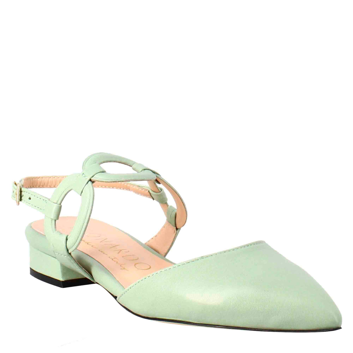 Woman's pointed toe medium heel closed sandal in green leather