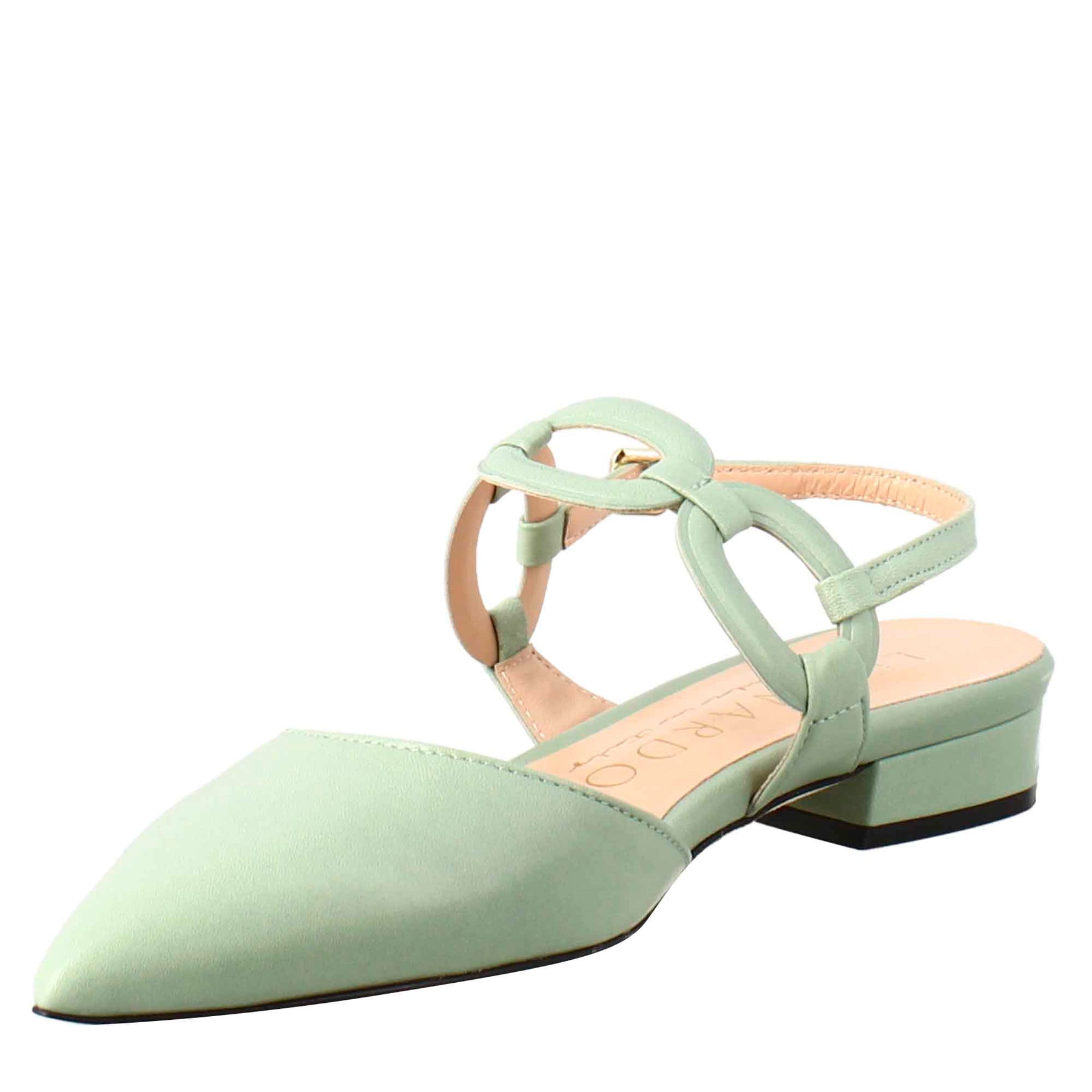 Woman's pointed toe medium heel closed sandal in green leather