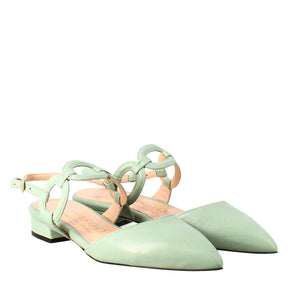 Woman's pointed toe medium heel closed sandal in green leather
