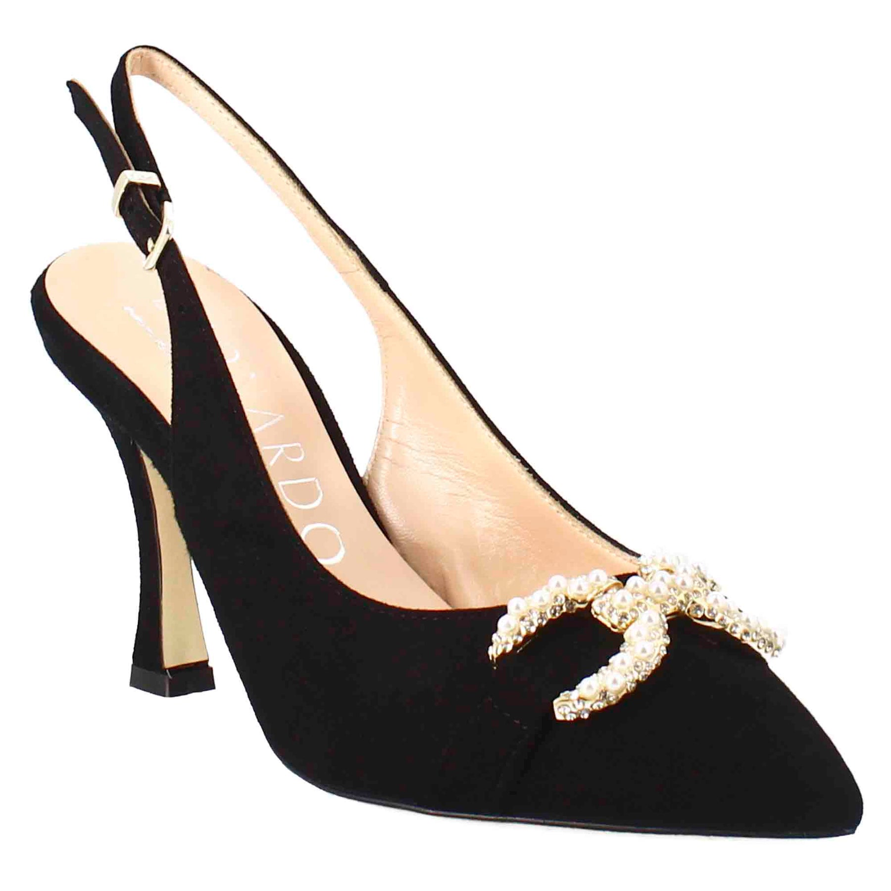 Sandalo da donna a forma in pelle scamosciata colore nero con glitter applicati