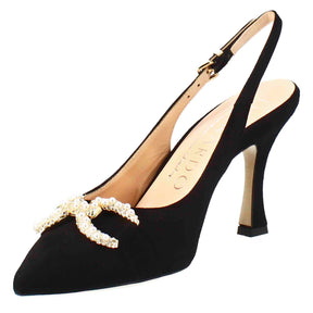 Shaped women's sandal in black suede with applied glitter