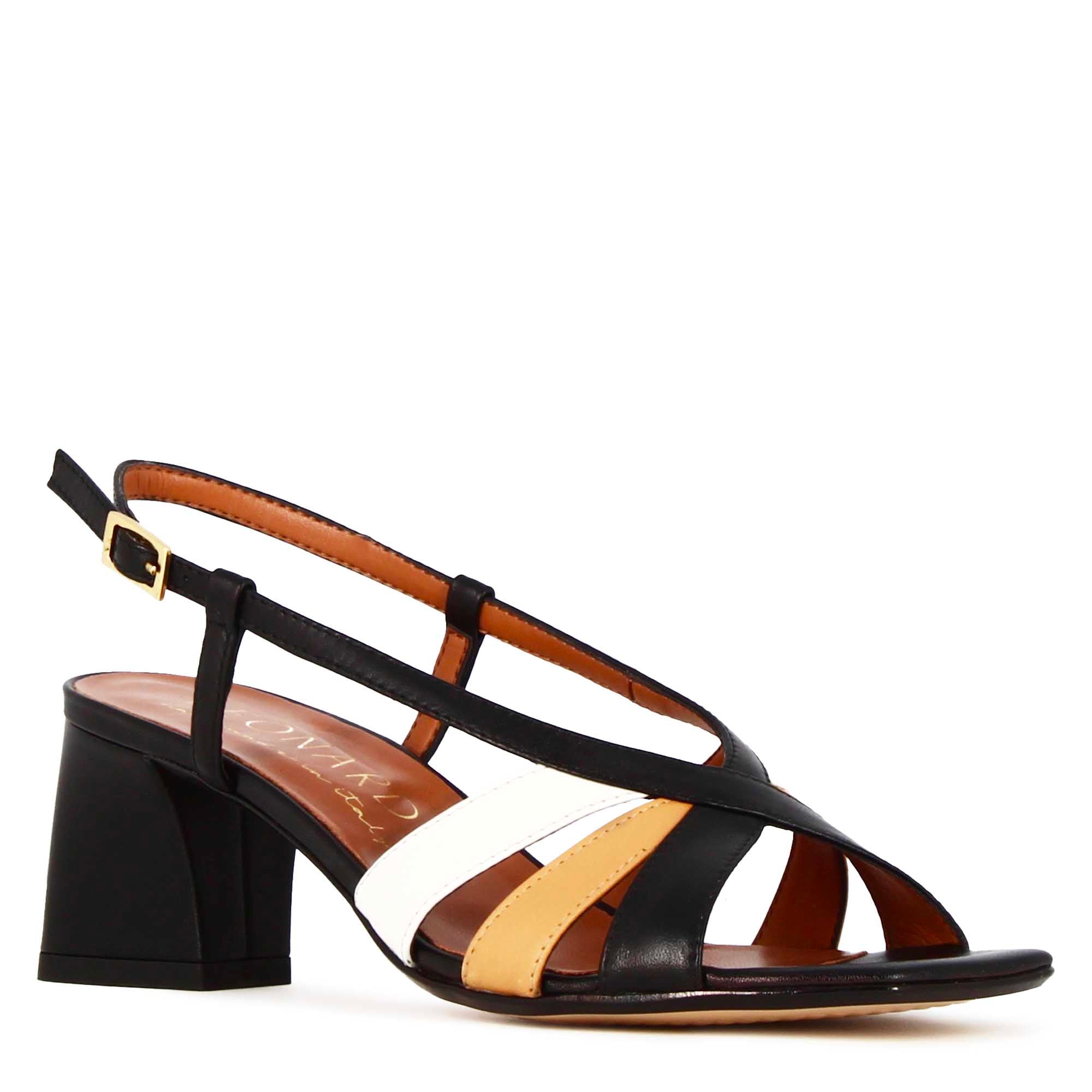Sandalo da donna classico in pelle nero con fasce multicolore